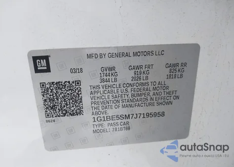 2018 Chevrolet Cruze Lt Auto из США, поврежденный, VIN 1G1BE5SM7J7195958